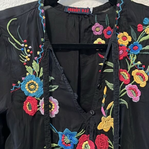 JOHNNY WAS Black Long Sleeve Multicolored Floral Embroidered Top, Size XS - Picture 3 of 11